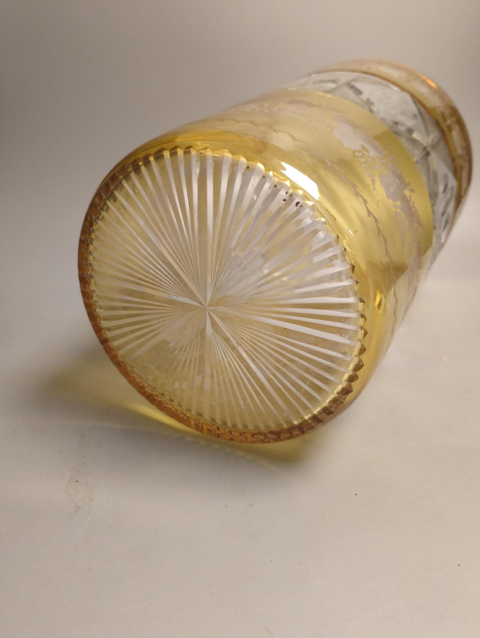 A large Bohemian wheel engraved amber flashed glass vase, 35cm.